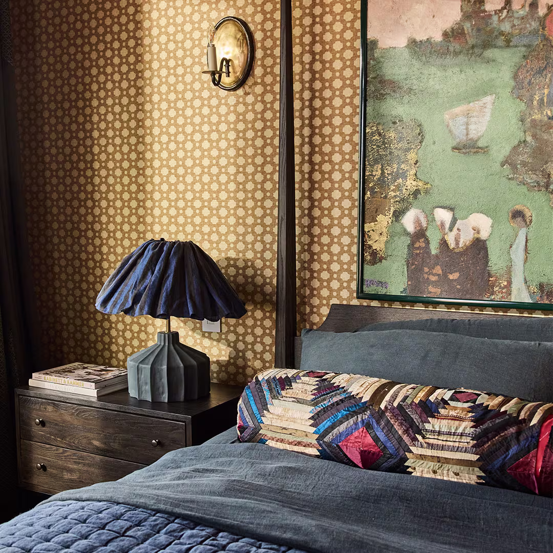 Bedroom with Spoonflower wallpaper