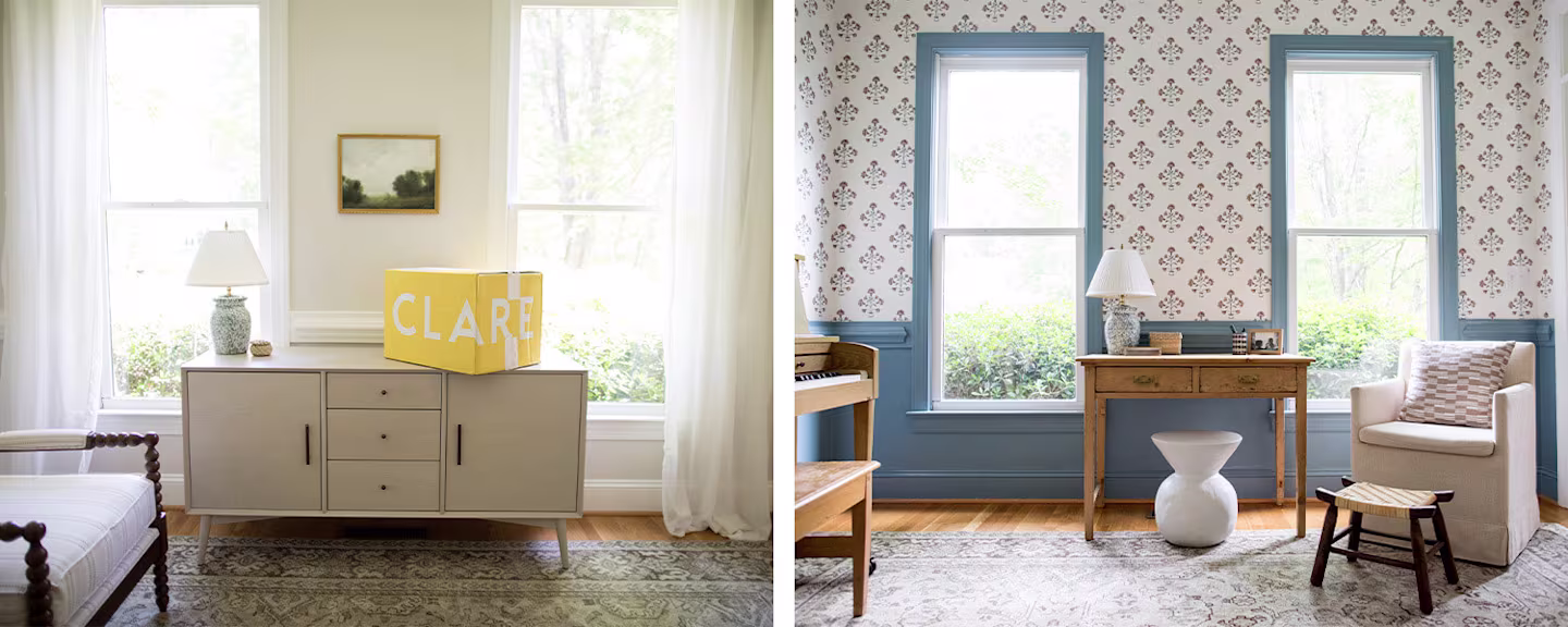 Two images have been placed side by side showing Katherine’s sitting room before and after adding wallpaper with coordinating paint, respectively. On the left, an image of a sitting room with two large windows with sheer cream curtains and cream walls. A