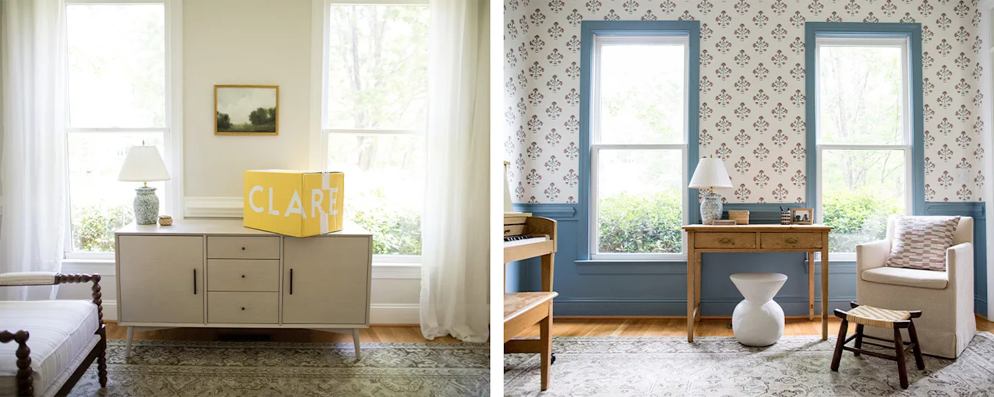 Two images have been placed side by side showing Katherine’s sitting room before and after adding wallpaper with coordinating paint, respectively. On the left, an image of a sitting room with two large windows with sheer cream curtains and cream walls. A