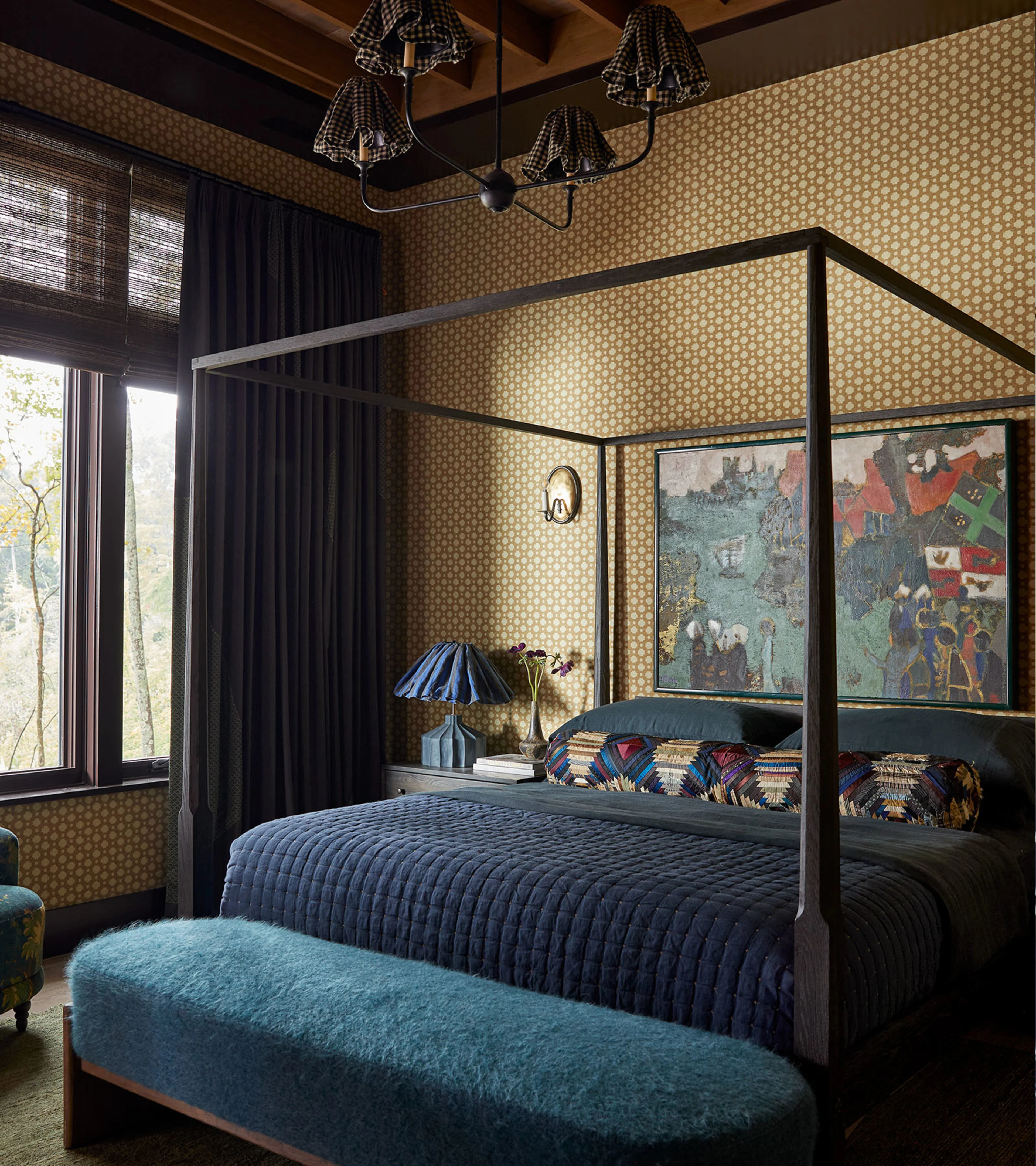 A rustic and modern bedroom behind brown biscuit wallpaper.