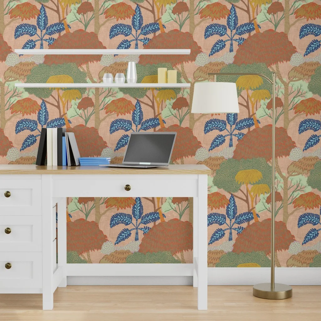 Home office with wallpaper in Tropical Tapestry Pink by freda_lilly.