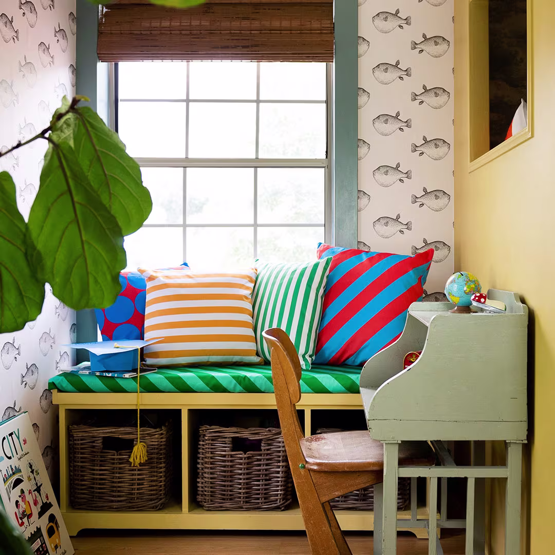 Kids room with Spoonflower wallpaper