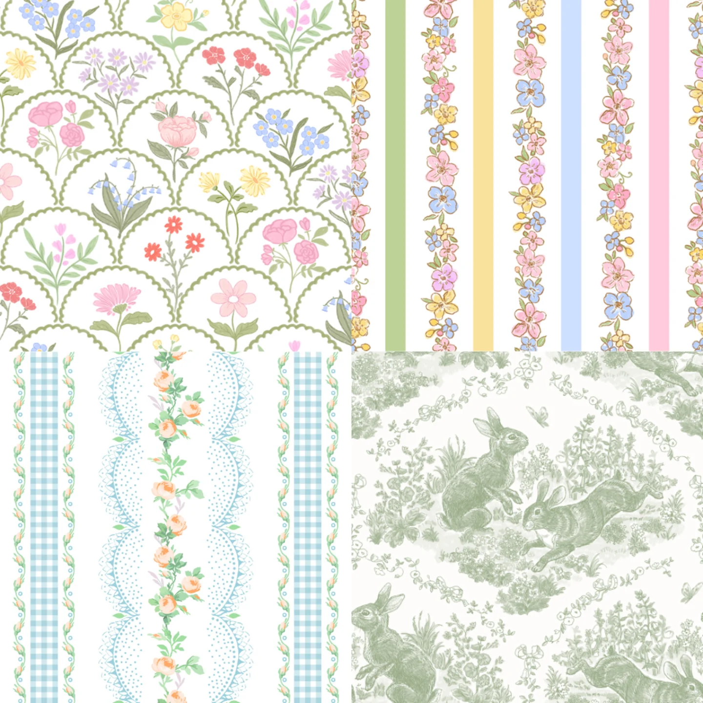 A grid of 4 cottagecore designs from Spoonflower designers