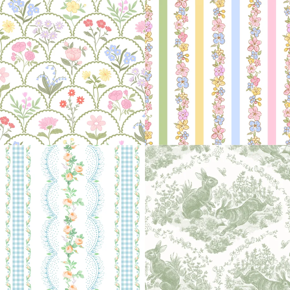 A grid of 4 cottagecore designs from Spoonflower designers