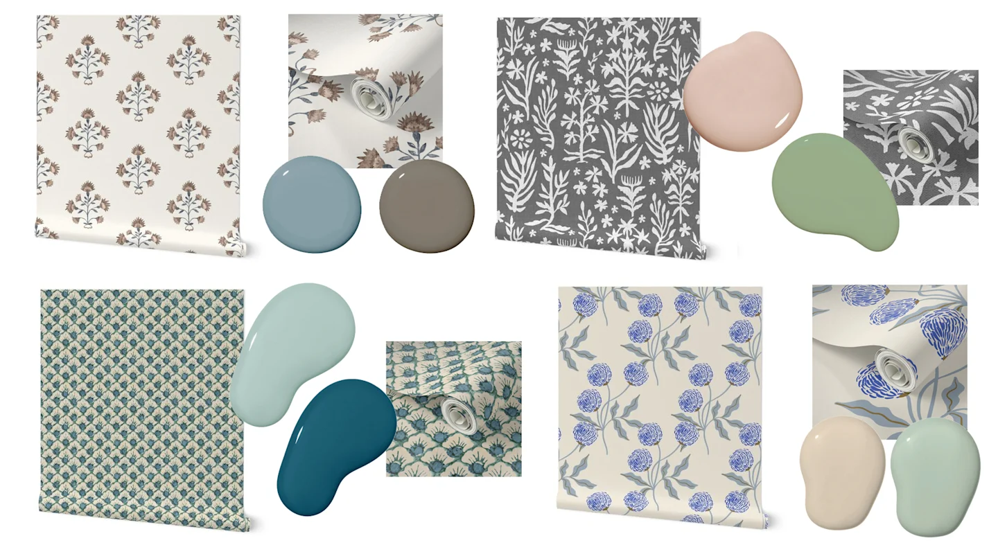 Four images of paint and wallpaper possibilities are in one square. In each image, two swatches of wallpaper (one of the extended roll, one of a design closeup) are paired with two dollops of coordinating paint in a mock-up image. Clockwise from the top l