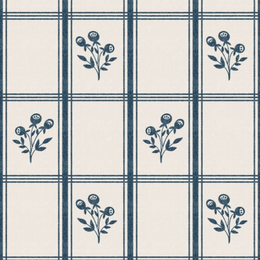 French Kitchen Plaid, Floral - Blue Wallpaper by fernlesliestudio