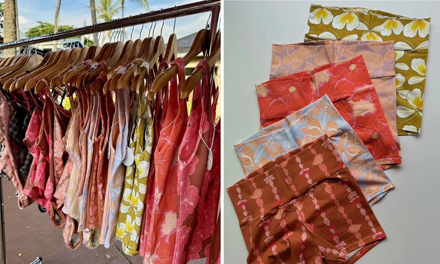 2 images side by side. In the left image, swimsuits are hanging on hangers on a bar at an outdoor market. In the right image, 5 pairs of colorful swim shorts are laid down and layered on one another.