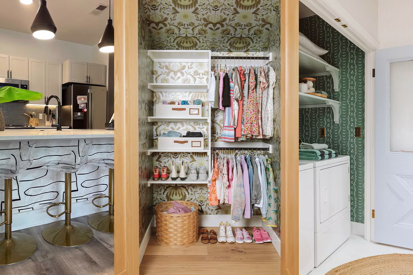 Three examples of unique ways to use wallpaper in small or unusual places.