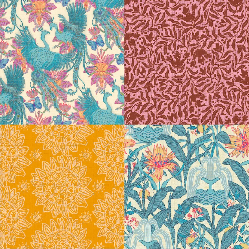 A grid of 4 maximalist bird and floral designs from andrea_leonelli