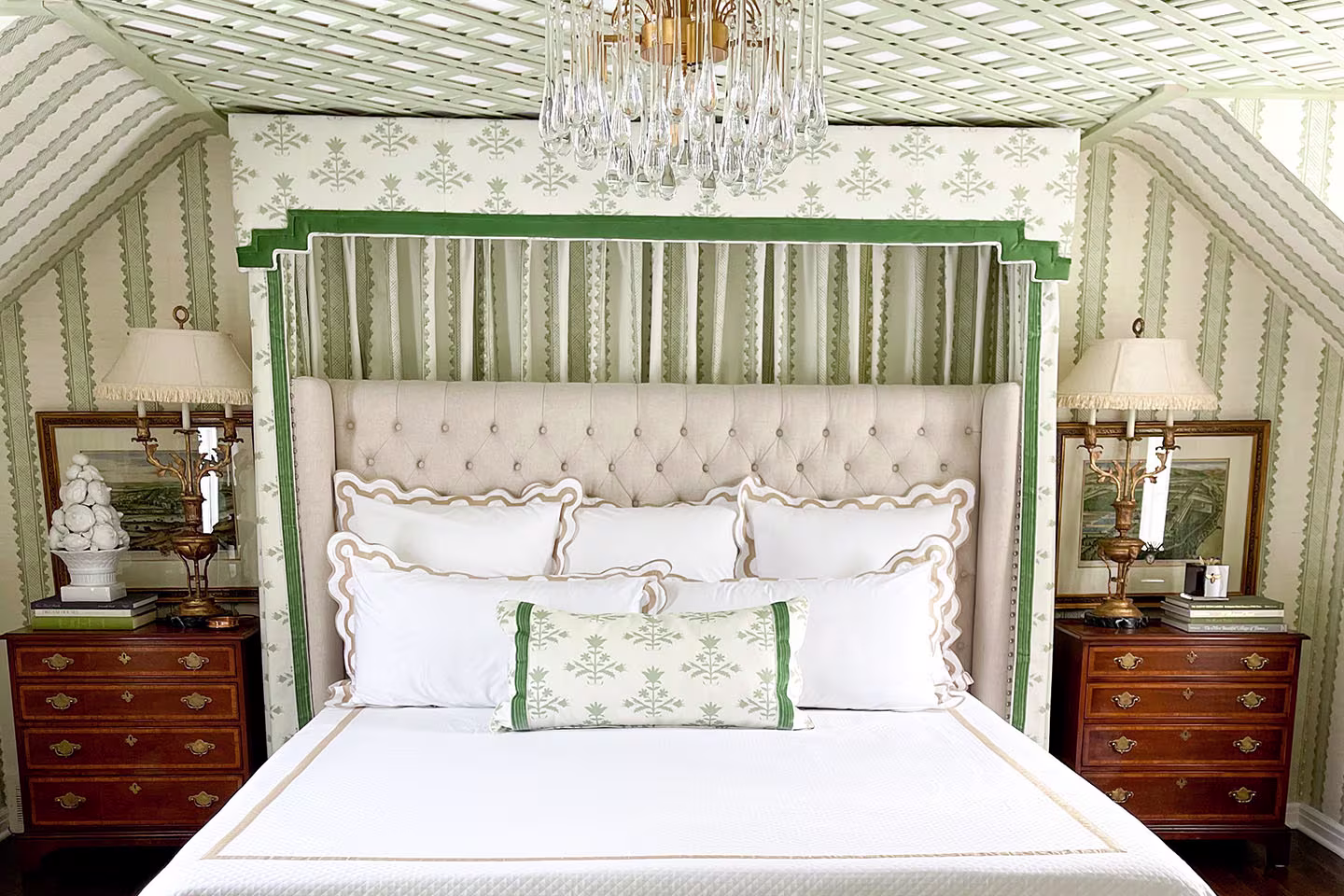 Bedroom featuring one wallpaper design on walls, one wallpaper design on ceiling, and accompanying patterned fabric.