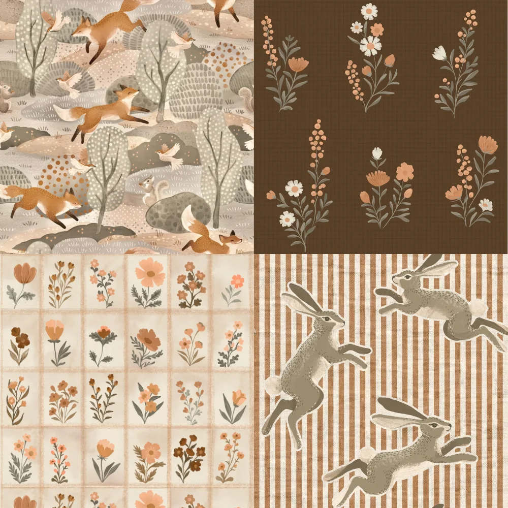 A grid of 4 baby designs with a meadow theme by taranealart