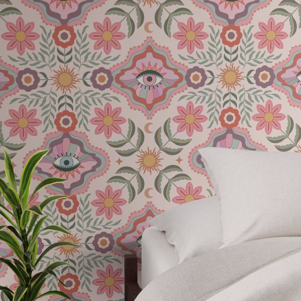 Bedroom with pink floral damask with eyes wallpaper.
