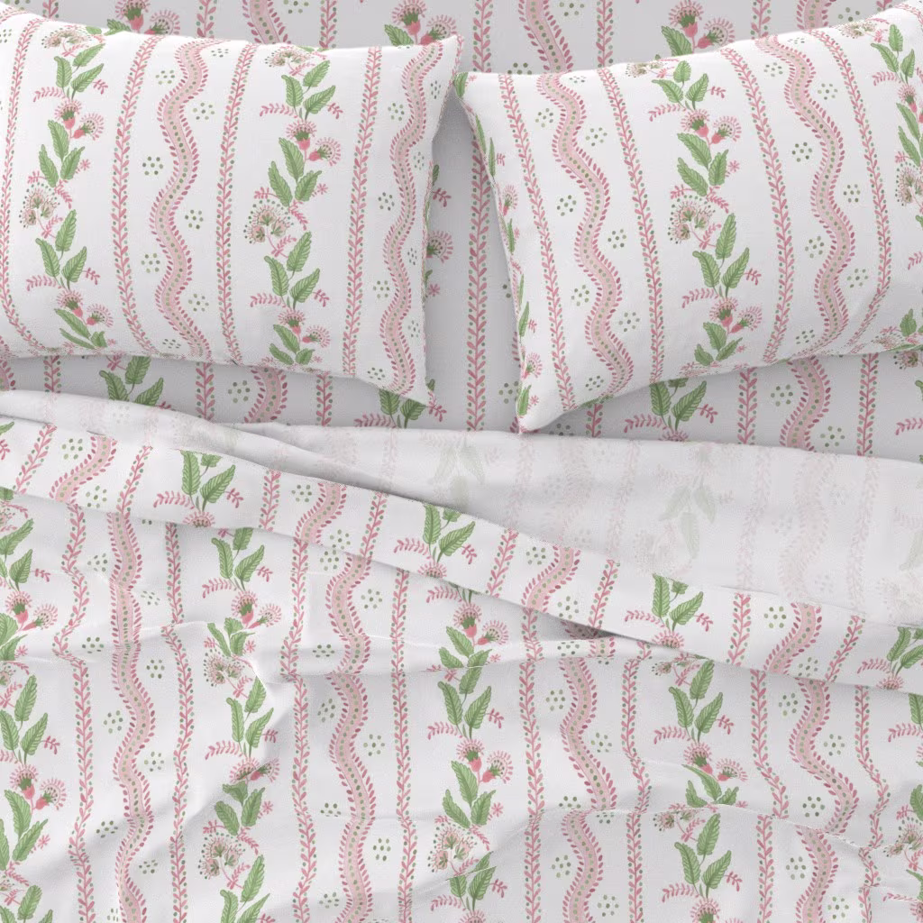 Pink and green floral stripe sheet set