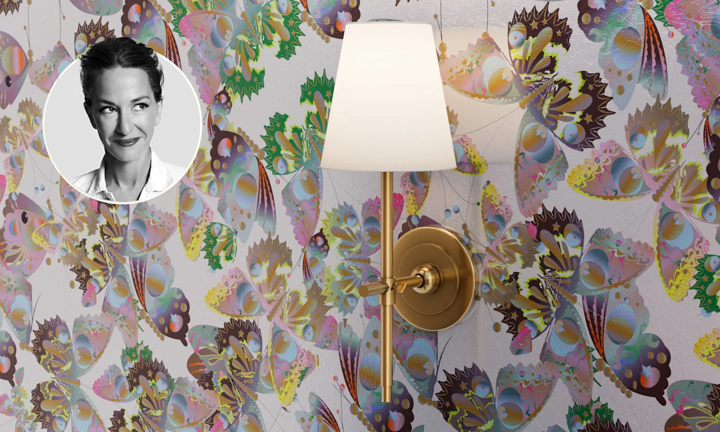 Colorful butterfly wallpaper, a lamp, and a headshot of Cynthia Rowley.