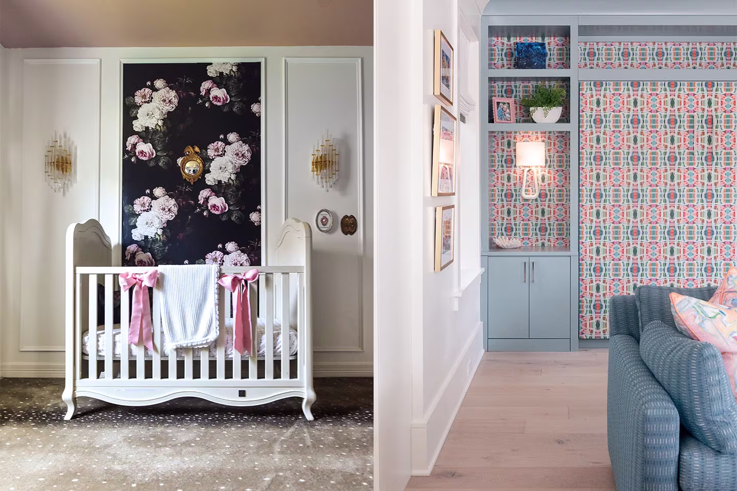 Two examples of rooms using wallpaper in wainscoting or to draw attention to architectural details.