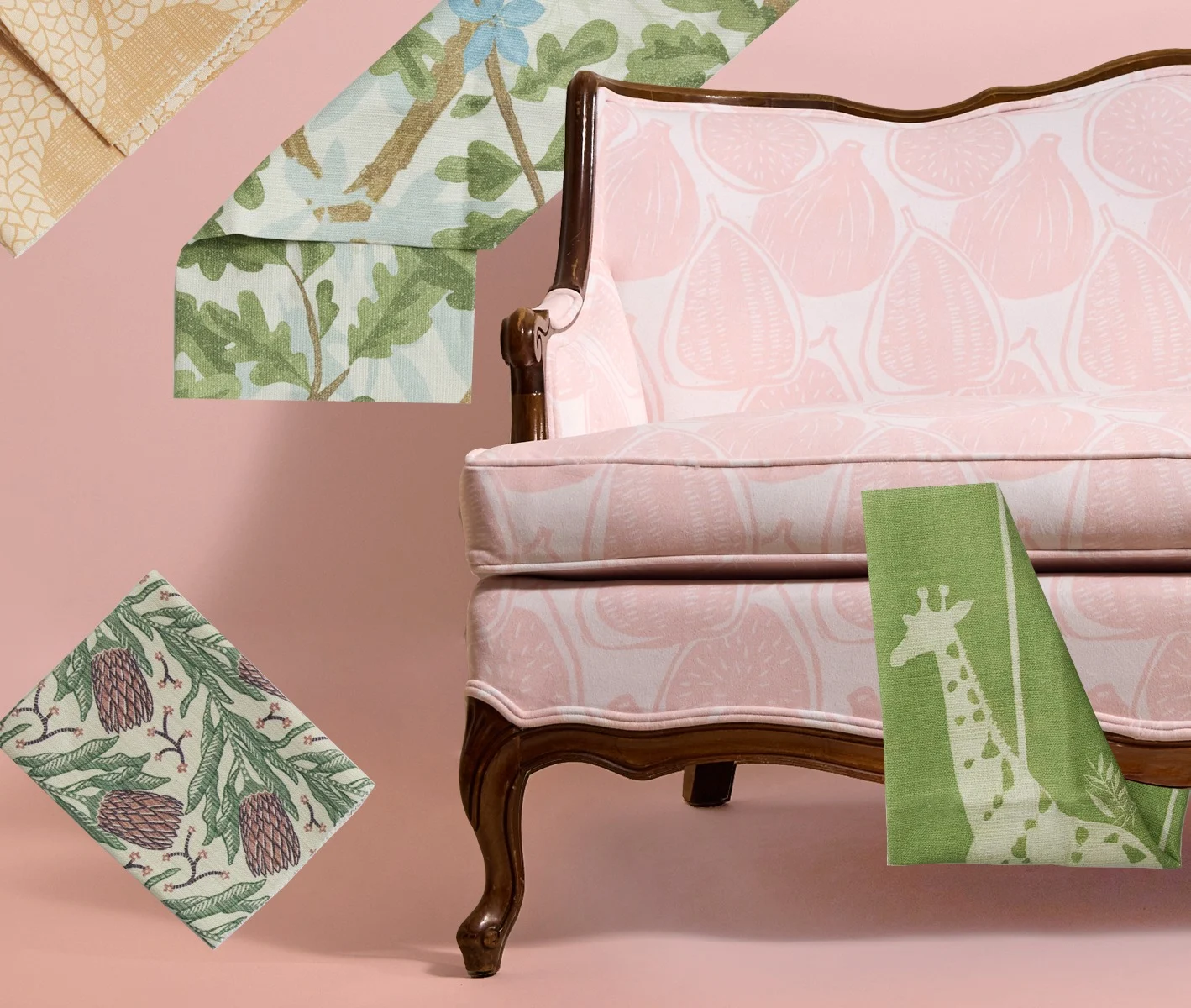 A settee with an assortment of colorful Spoonflower fabrics on a mauve pink background