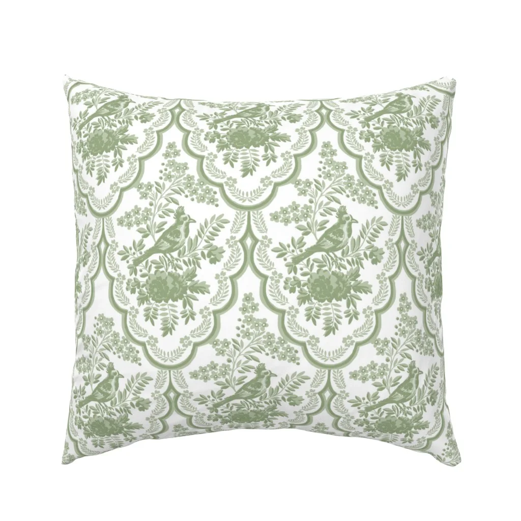 An elegant green toile chinoiserie euro pillow sham