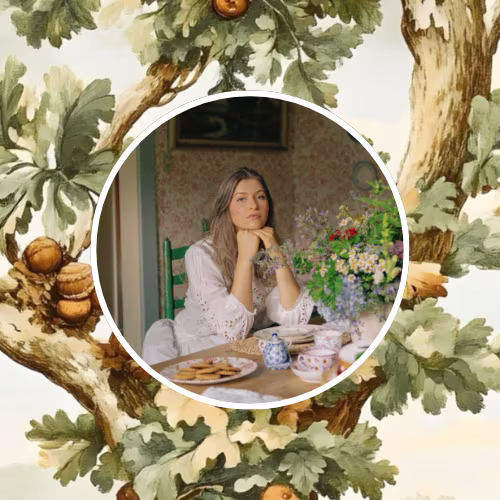 Headshot of Margo Roth behind an oak tree design.