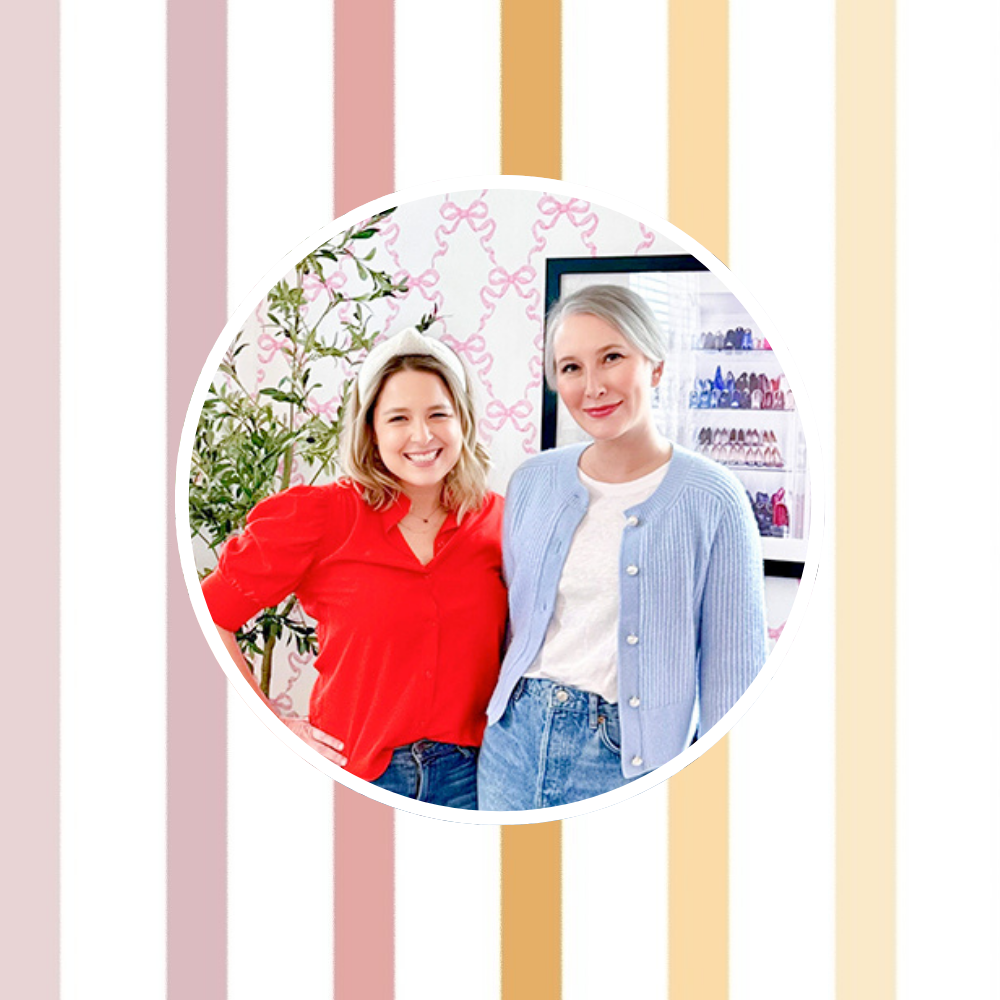 Headshot of Clea & Joanna from The Home Edit in front of a stripe design.