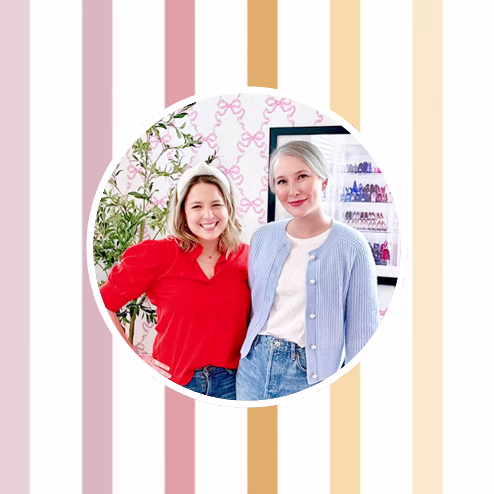 Headshot of Clea & Joanna from The Home Edit in front of a stripe design.