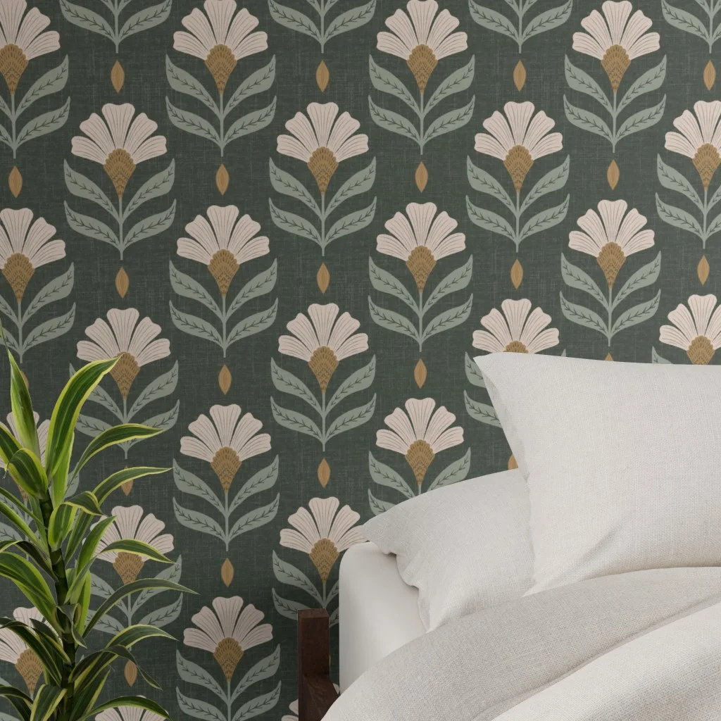 Bedroom with wallpaper in medium - Chiara - rustic green by scarlet_soleil.