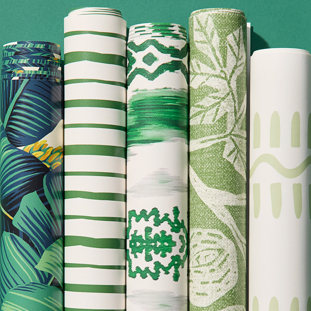Rolls of green wallpaper.