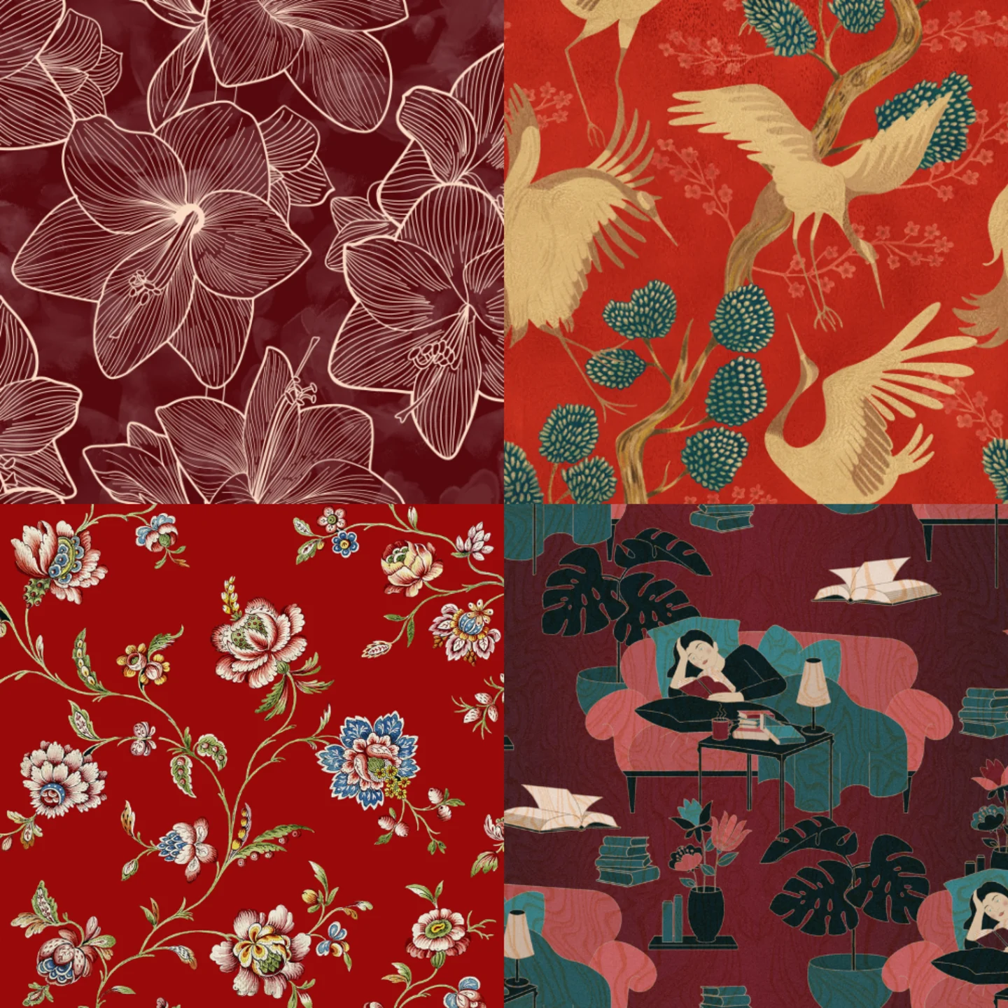 A grid of 4 red designs from Spoonflower designers