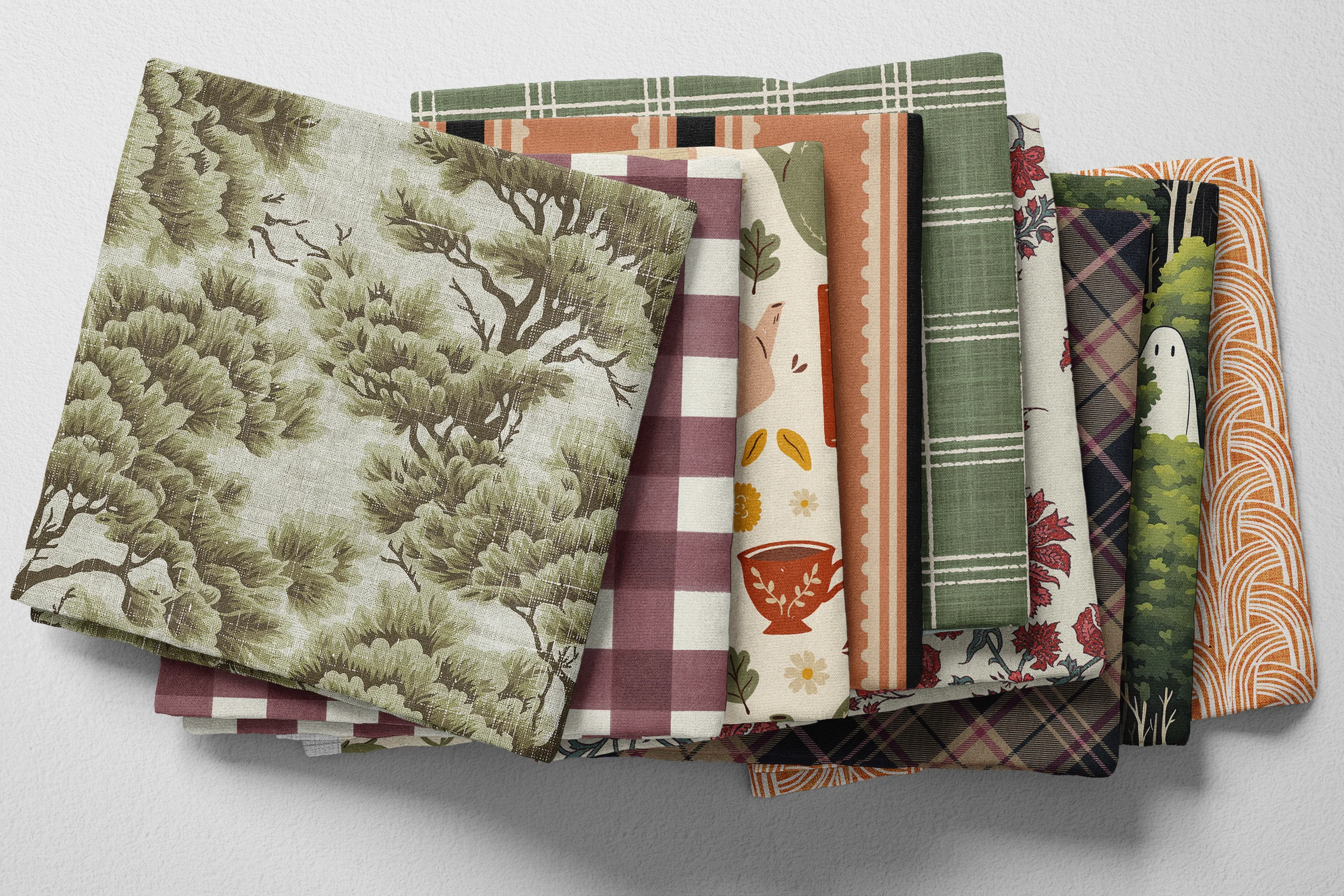 Colorful folded Spoonflower fabric in an autumnal theme