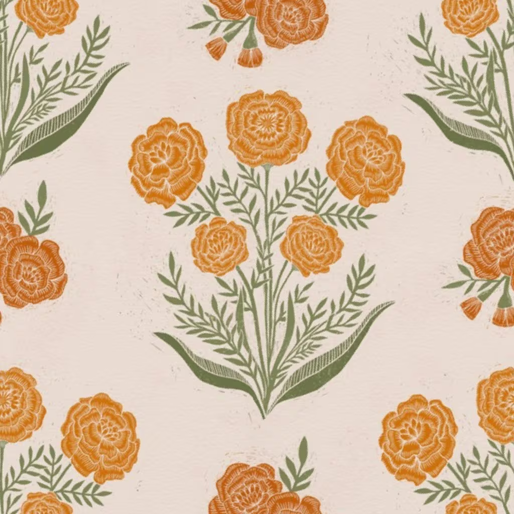 Marigold floral block-printed fabric