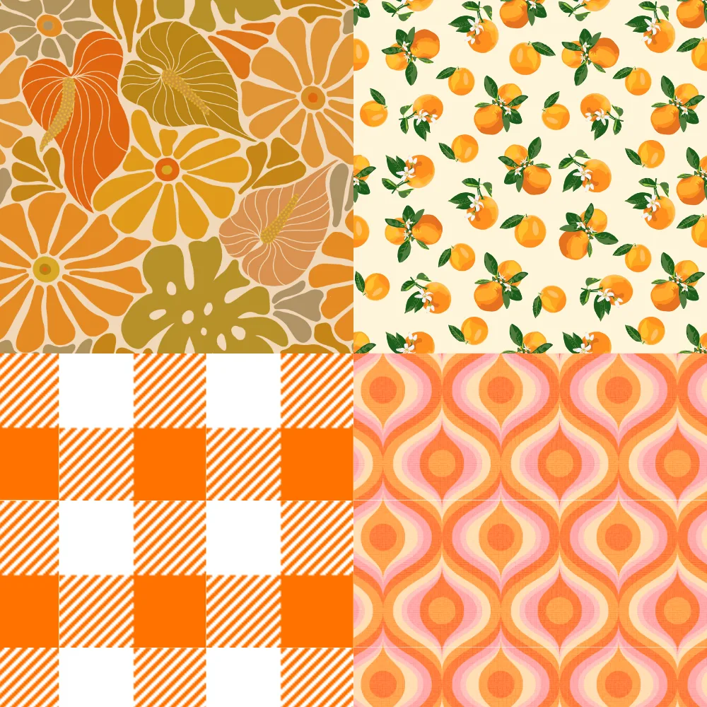 A grid of 4 orange designs from Spoonflower artists