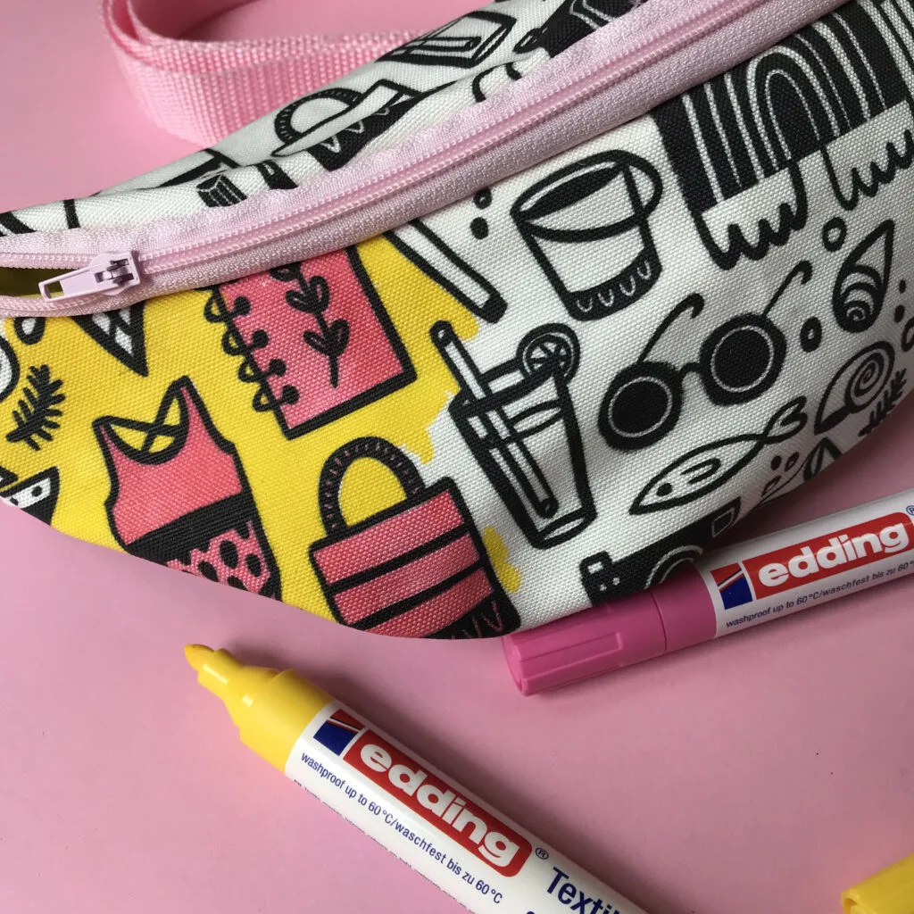 Black and white beach fanny pack partially colored in with yellow fabric marker | Spoonflower Blog 