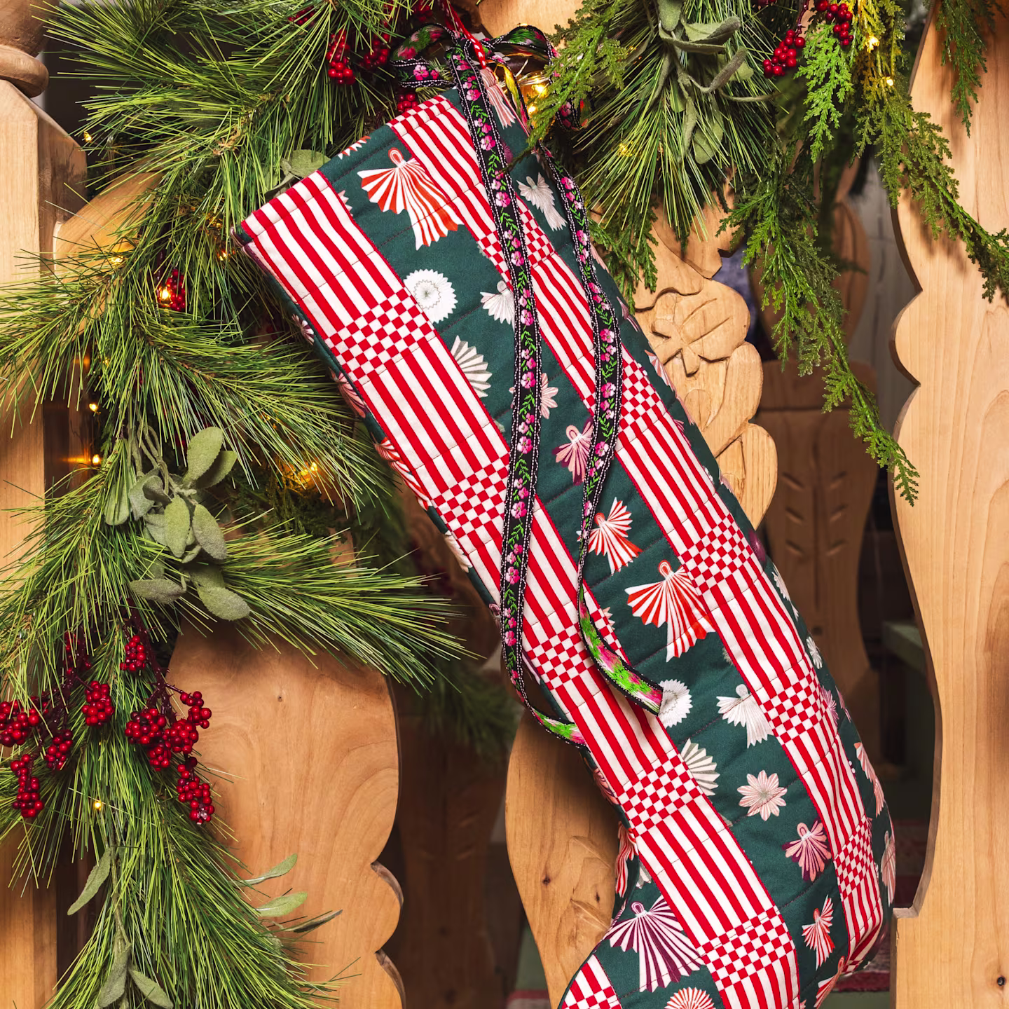 Close up of a patchwork stocking from the House that Lars Built