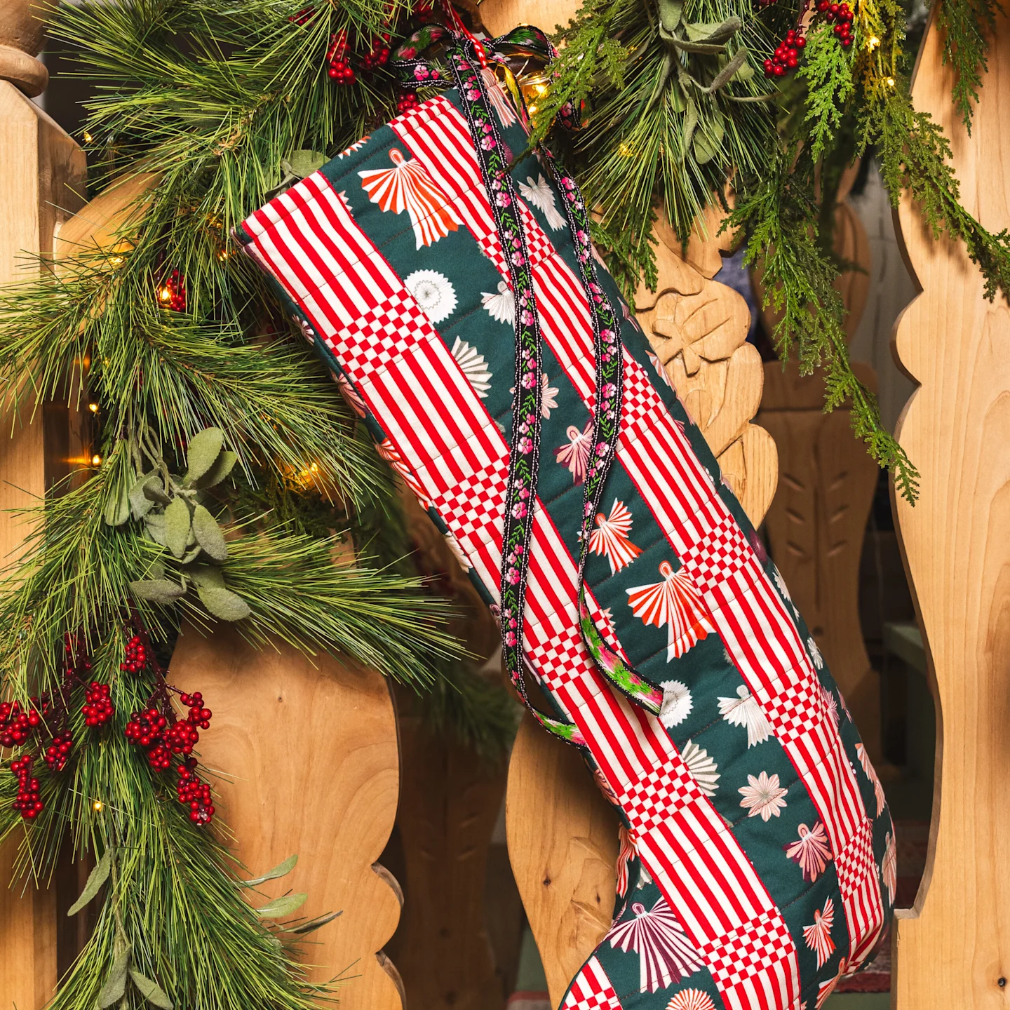Close up of a patchwork stocking from the House that Lars Built