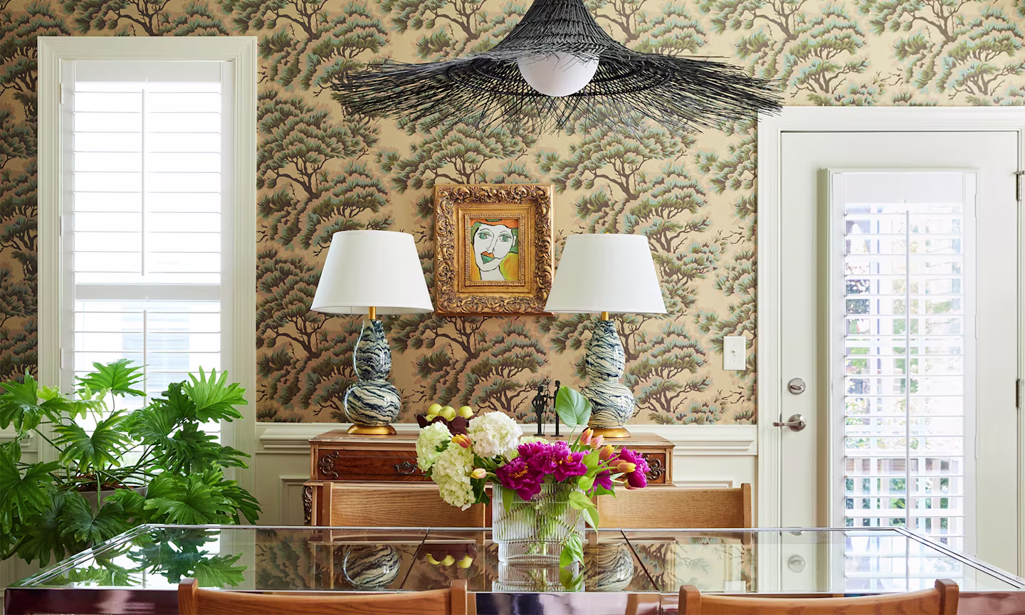 Dining room with gold metallic wallpaper in UMBRIA DUSK WOODS by holli_zollinger.