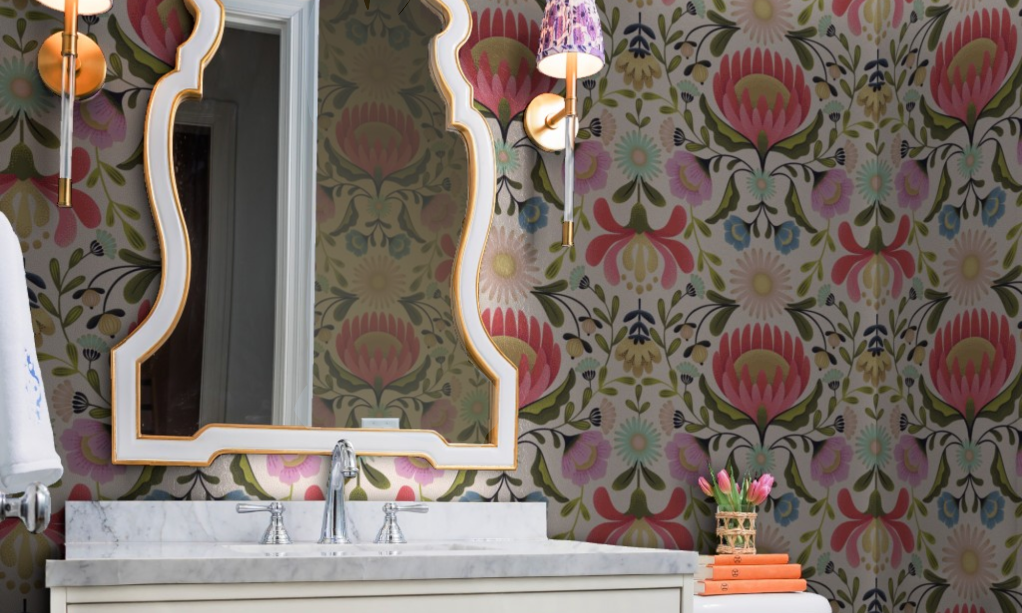 Powder room with silver floral wallpaper