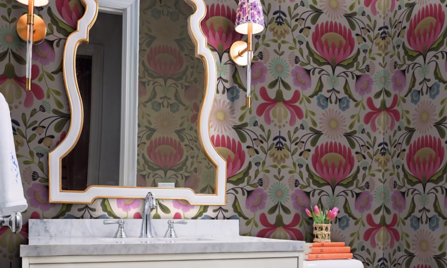 Powder room with silver floral wallpaper