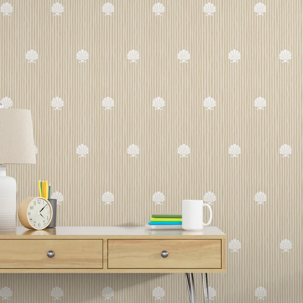 Office with tan striped seashell wallpaper.