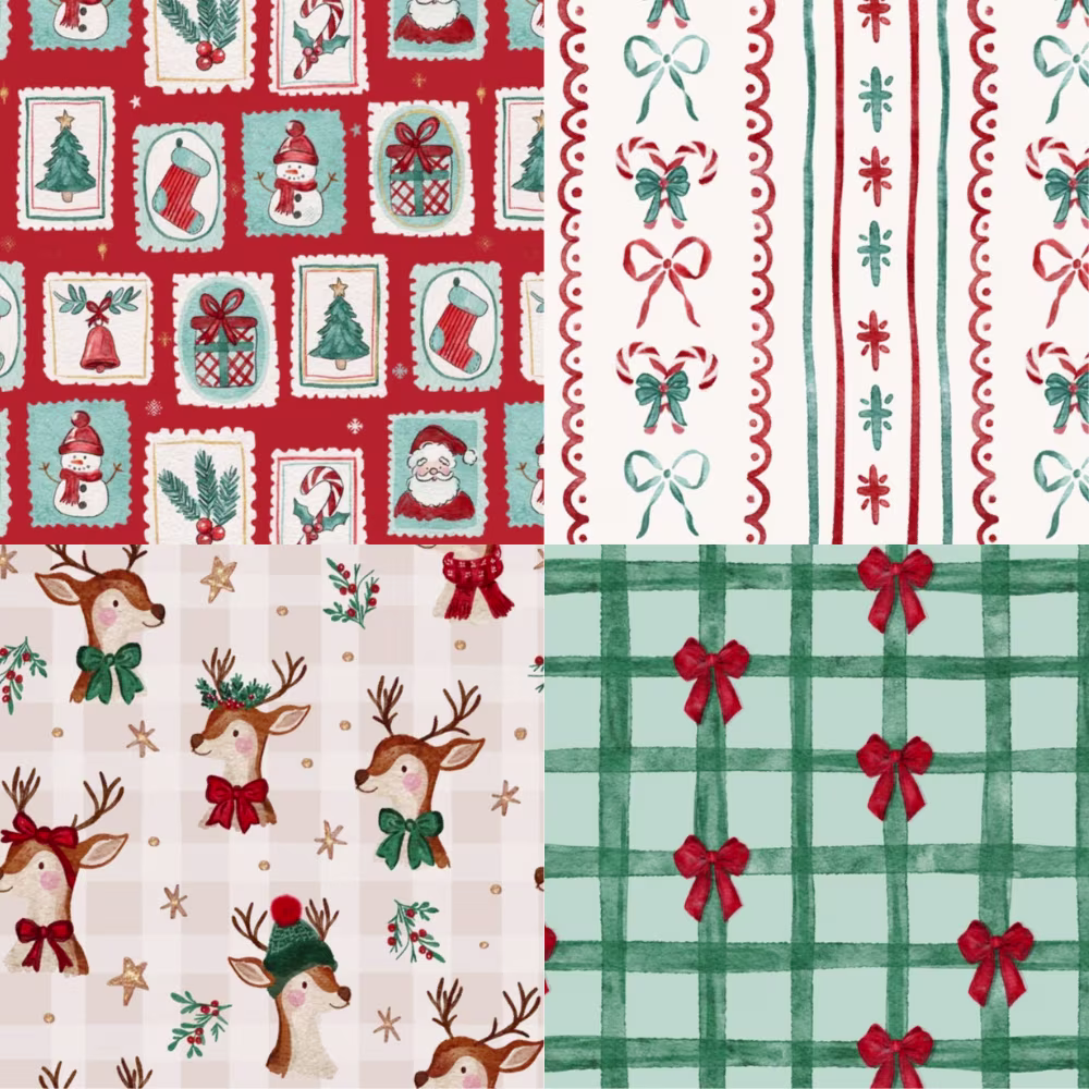 A cheerful watercolor Christmas collection filled with nostalgic holiday charm, featuring festive postage-stamp motifs, candy cane bows, whimsical woodland deer, and classic plaid coordinates.