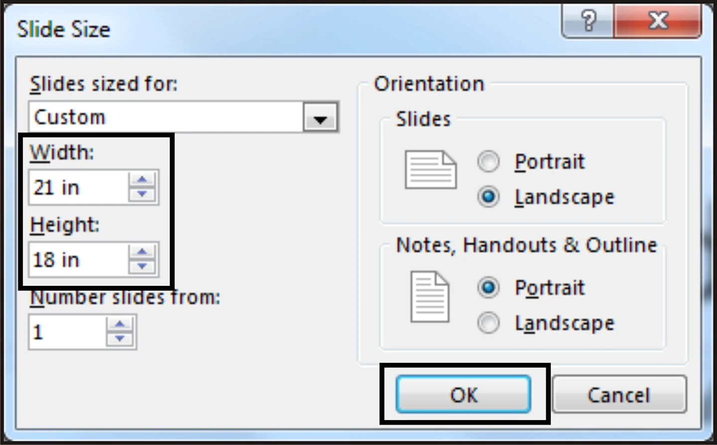 A close up of the Slide Size box in PowerPoint. The slide size has been changed to Custom. The width has been set at 21 inches and the height has been set at 18 inches. 
