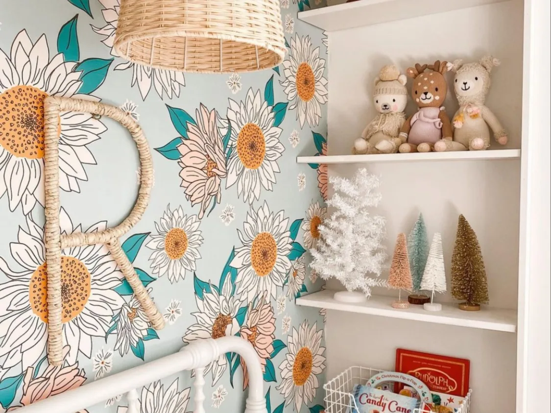 A kids bedroom featuring Indybloomdesign wallpaper