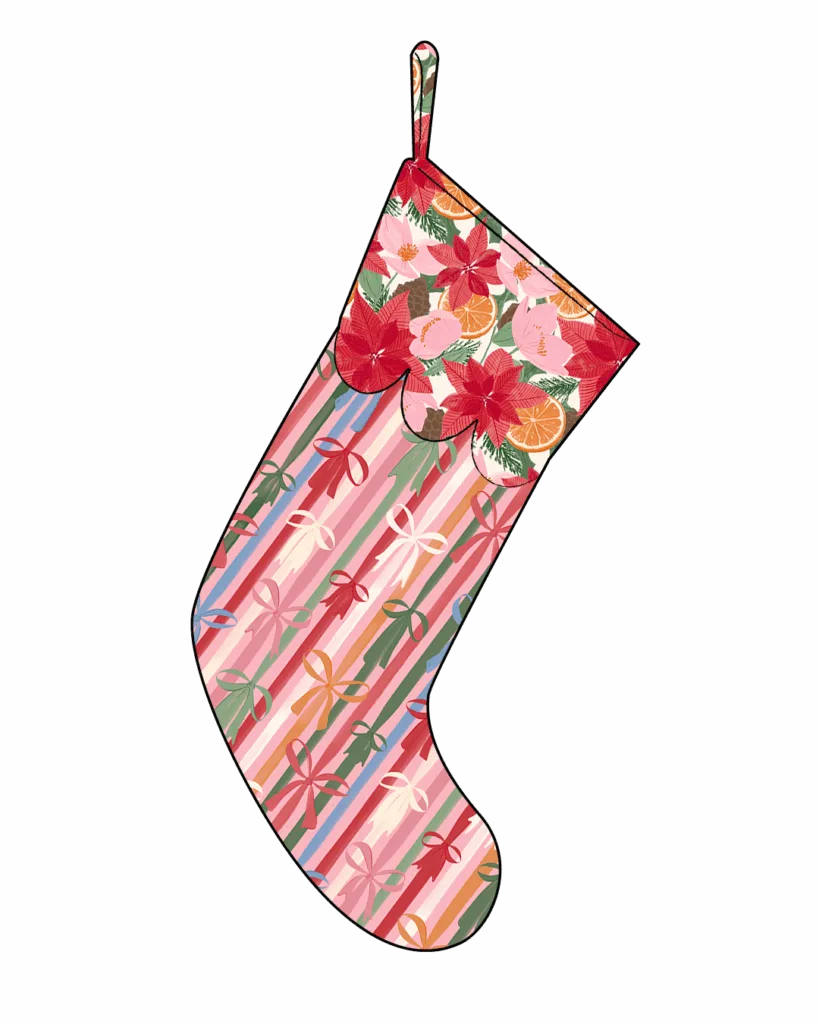 Mock up of Rooney Sewing Patterns Christmas Stocking Sewing Guide in Spoonflower fabric