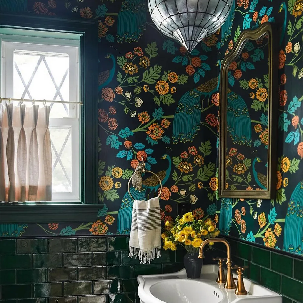 Peacock Garden Wallpaper by ceciliamok in a bathroom.