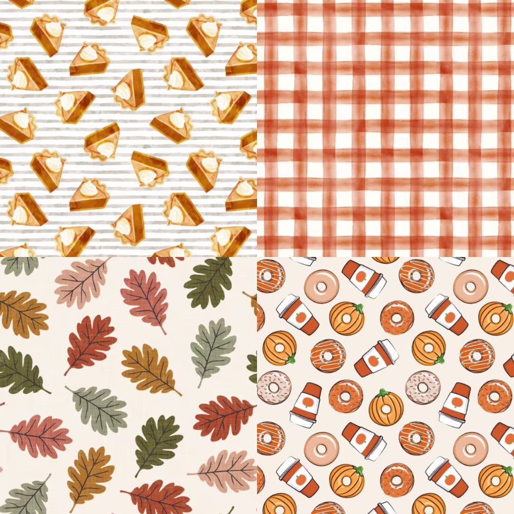 Pumpkin pie, gingham, fall leaves, coffee and doughnut designs.