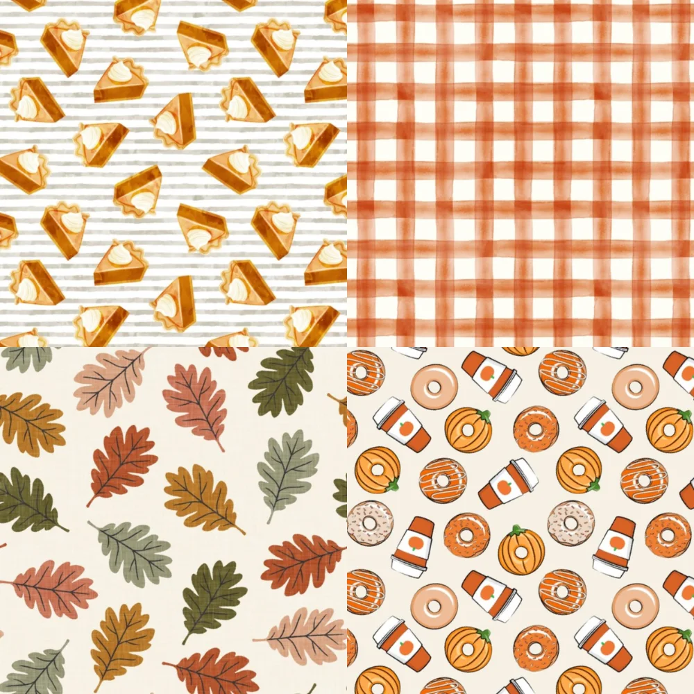Pumpkin pie, gingham, fall leaves, coffee and doughnut designs.