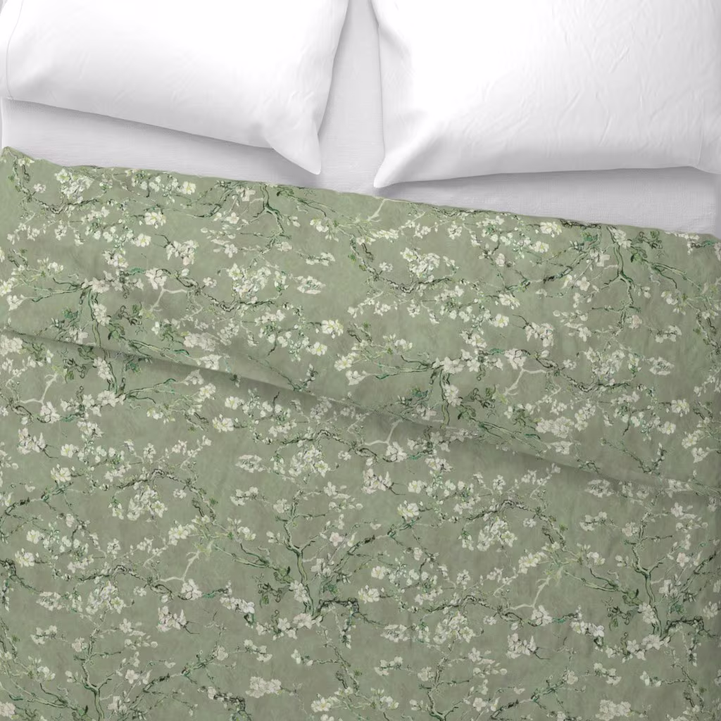 A traditional sage and cream floral striped duvet cover