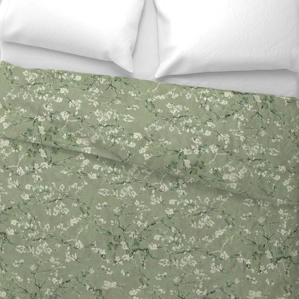 A traditional sage and cream floral striped duvet cover