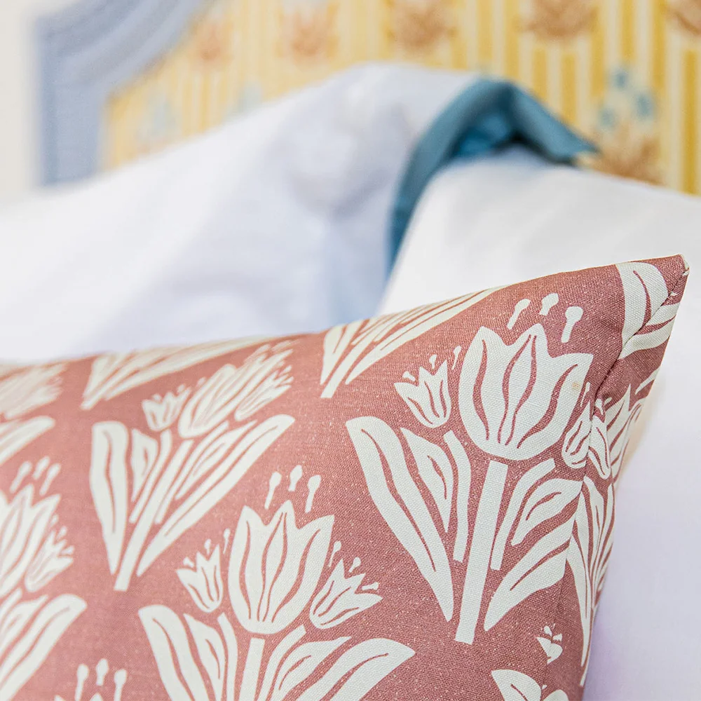 Pink tulip block printed pillow.
