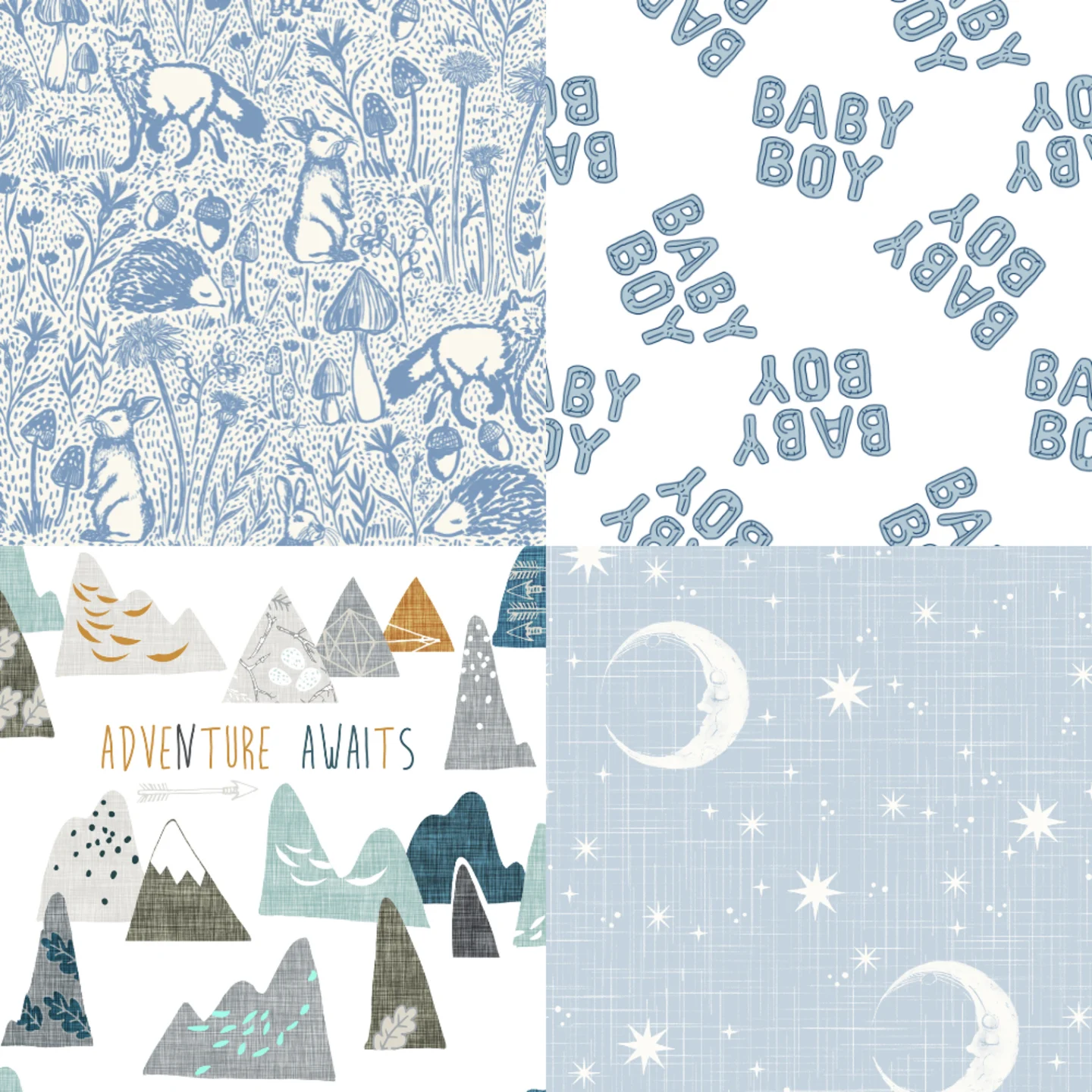 A grid of baby blue Spoonflower designs