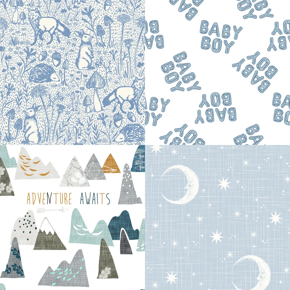 A grid of baby blue Spoonflower designs