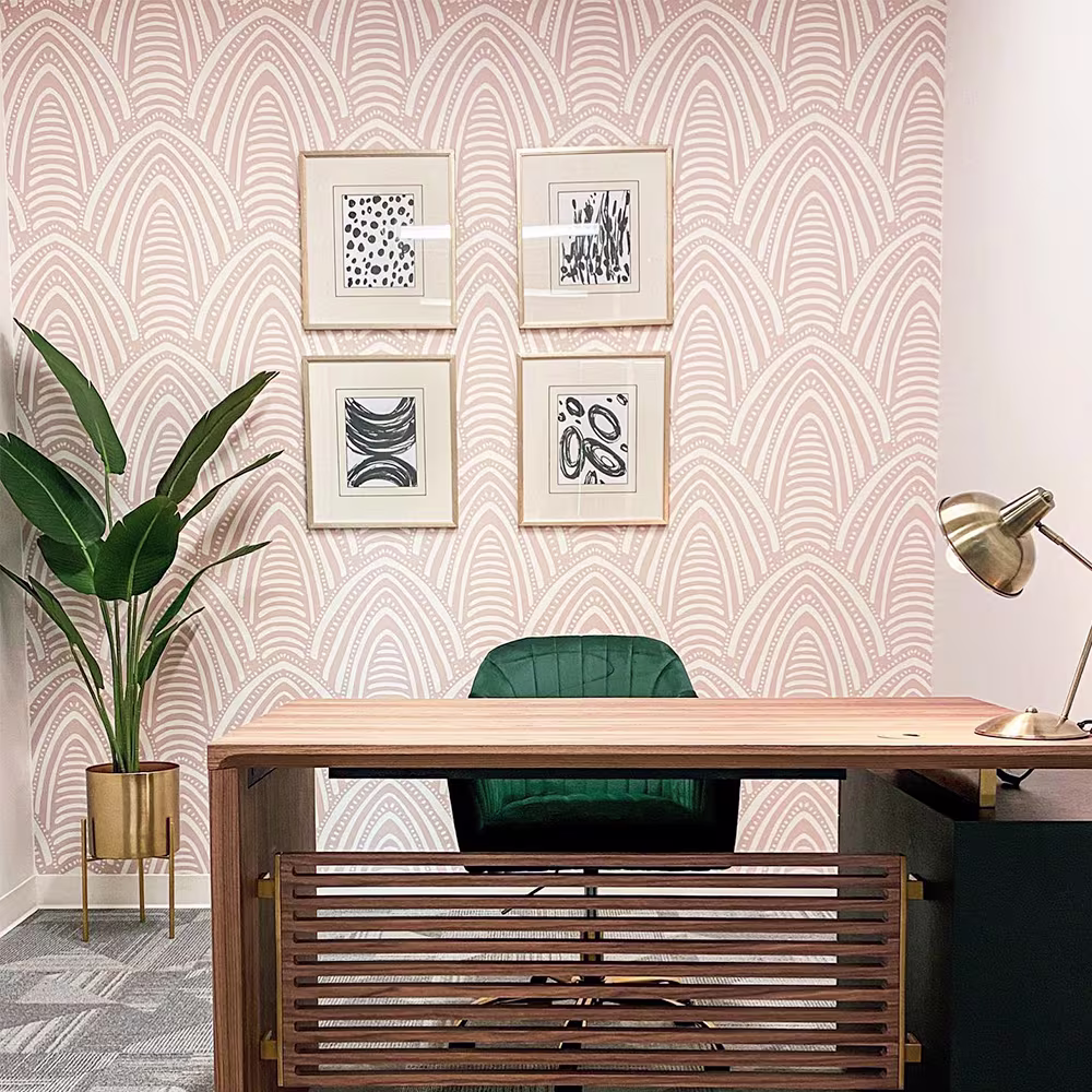 Office space with simple archway design wallpaper.